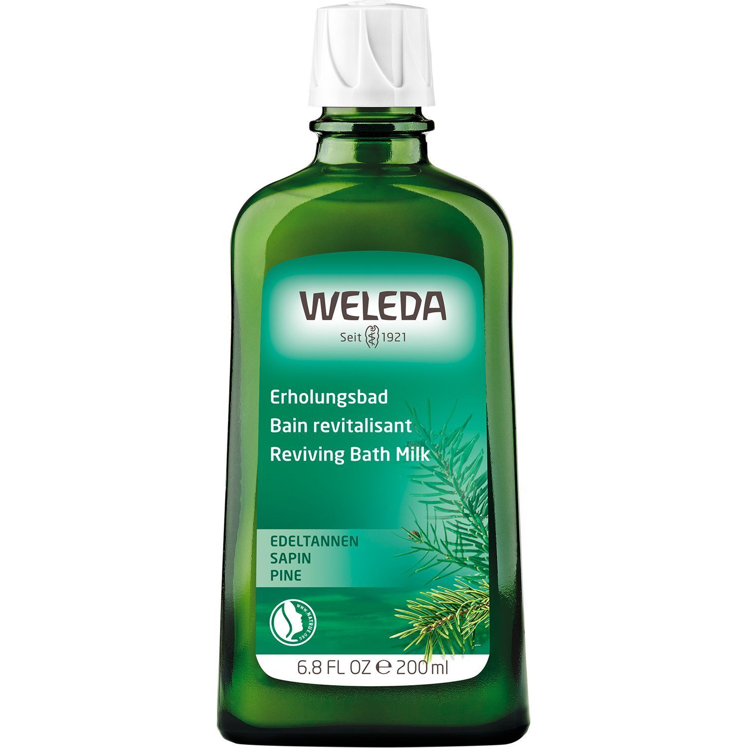 Grüne Flasche WELEDA Edeltannen Erholungsbad. Weiße Verschlusskappe, grünes Glas mit Etikett. Produktname und Logo sichtbar.