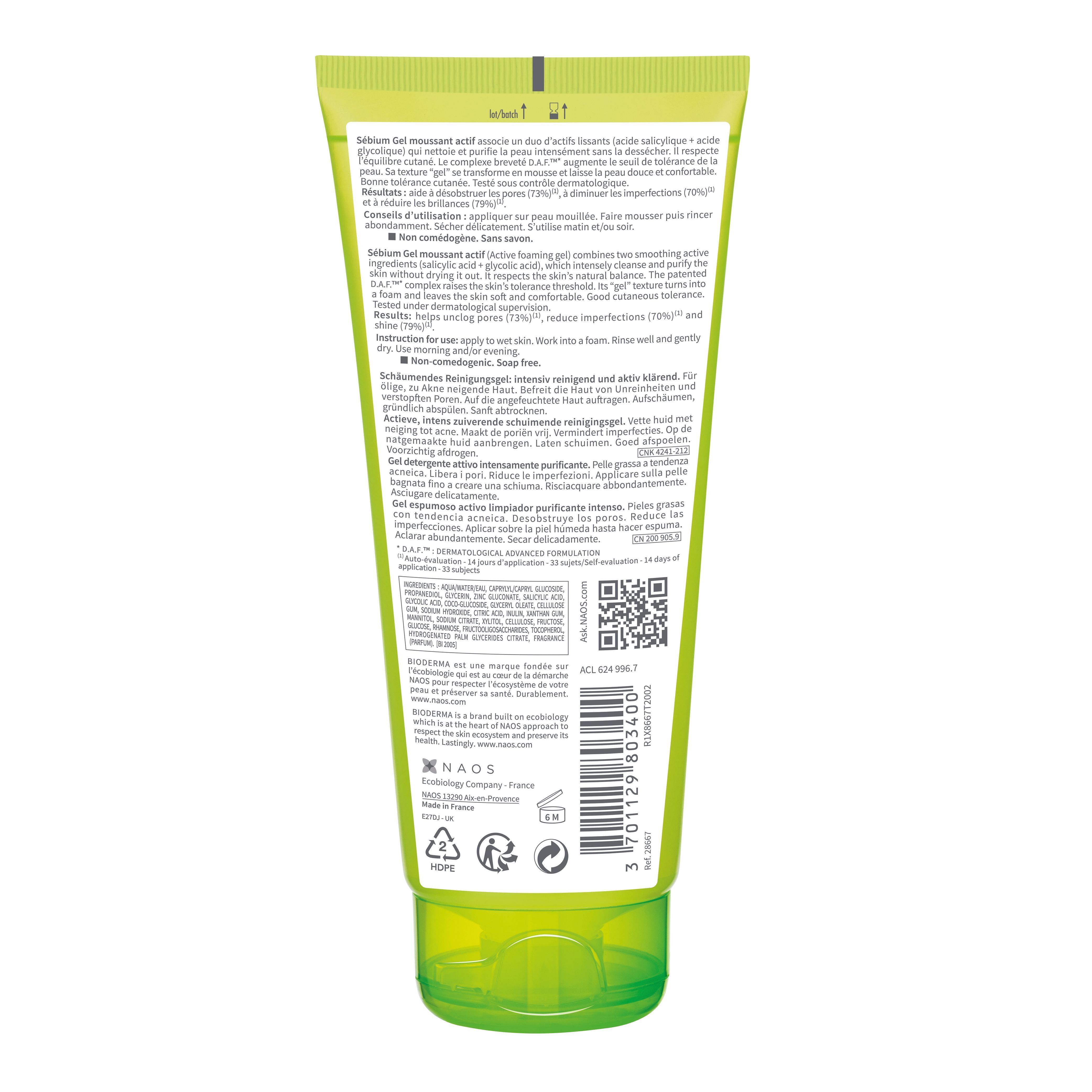 Rückseite einer Tube Sebium Gel moussant actif. Text in mehreren Sprachen. Herstellerinformationen, QR-Code, Recycling-Symbole.