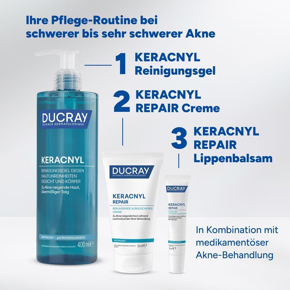 Drei Produkte nebeneinander. Text: Ihre Pflege-Routine bei schwerer bis sehr schwerer Akne. KERACNYL Reinigungsgel, Creme, Lippenbalsam.
