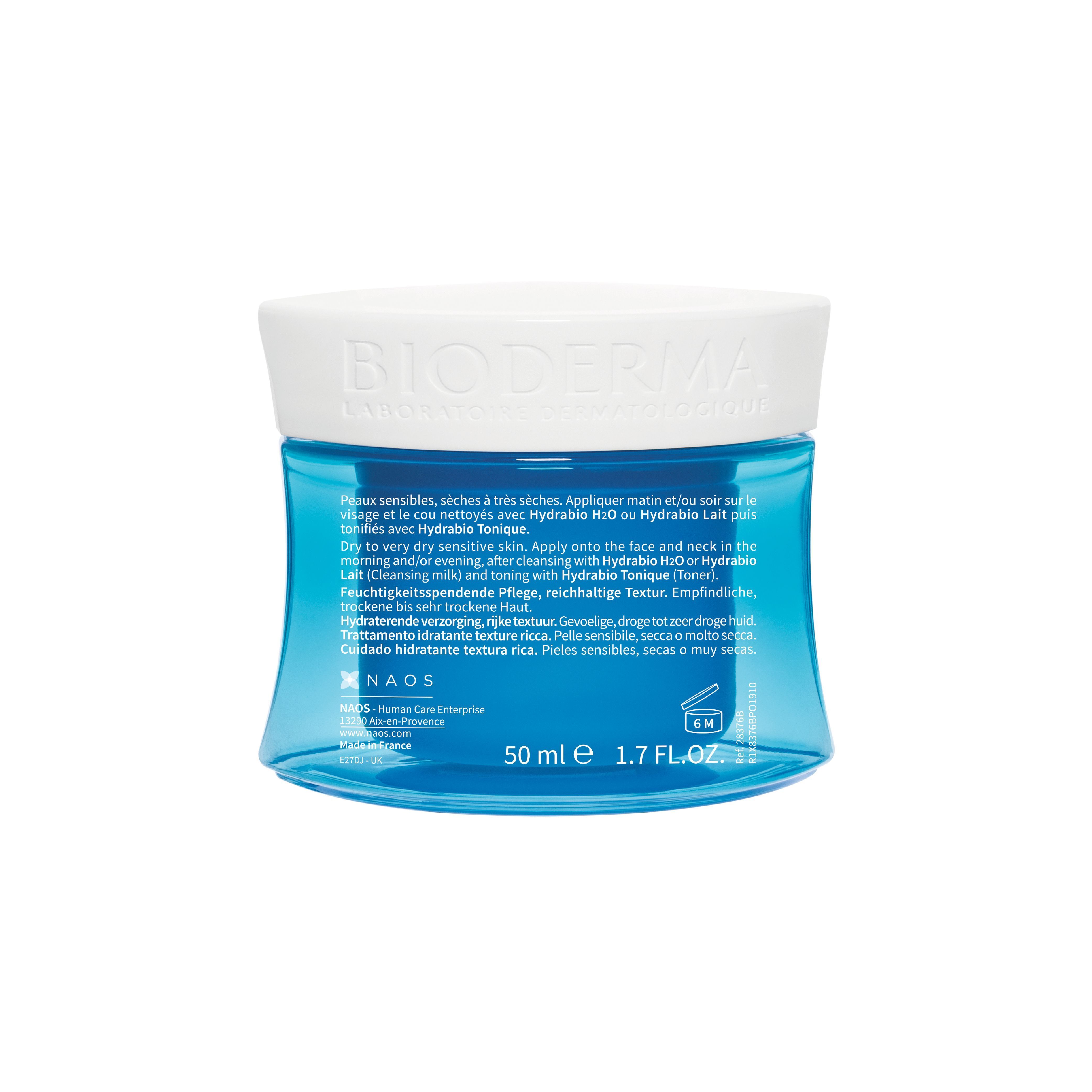 Blauer Tiegel mit weißem Deckel. Aufschrift: BIODERMA. Text auf dem Etikett. Unten: 50 ml 1.7 FL OZ.