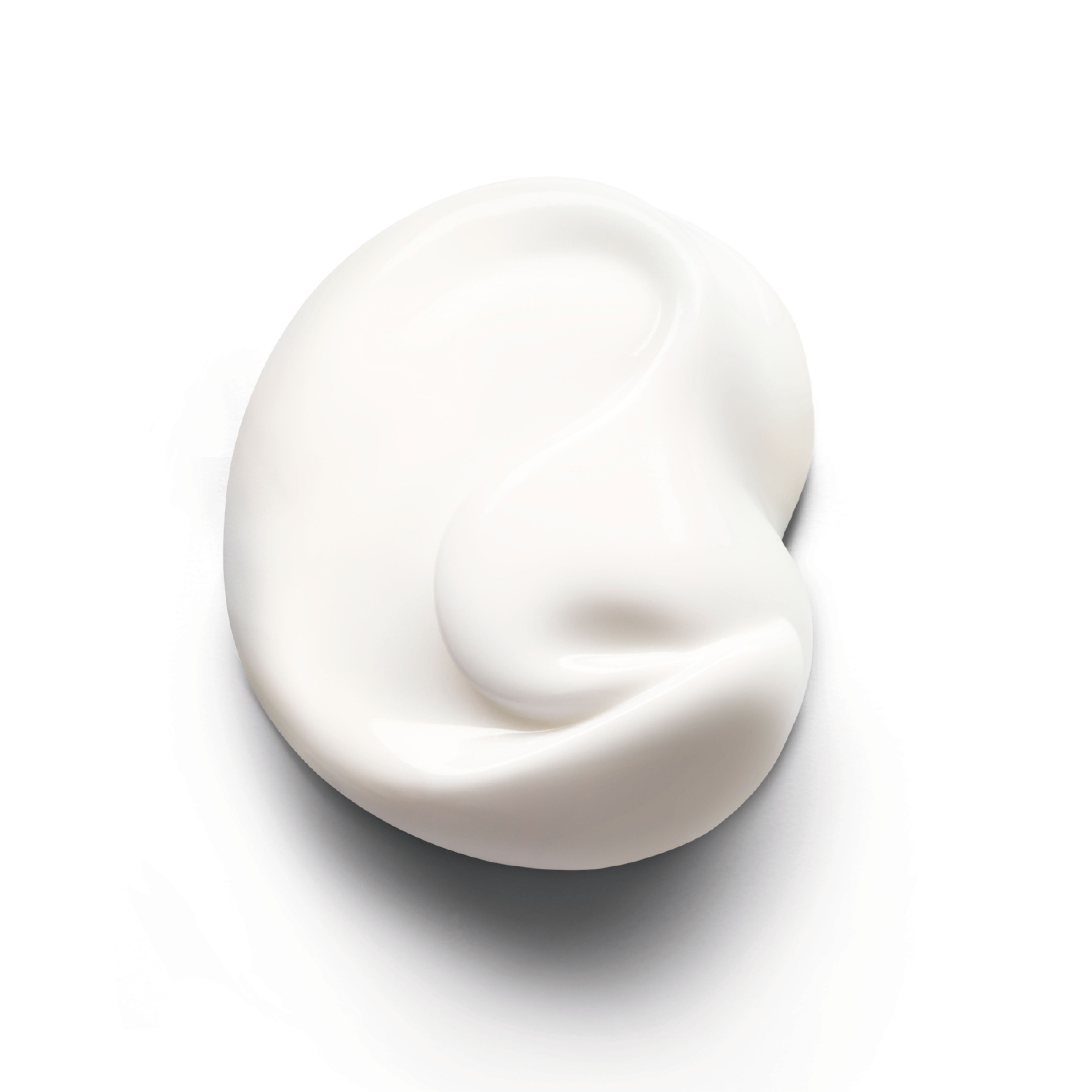 Weißer Creme-Klecks auf weißem Hintergrund. Ovale Form mit gewellter Oberfläche.