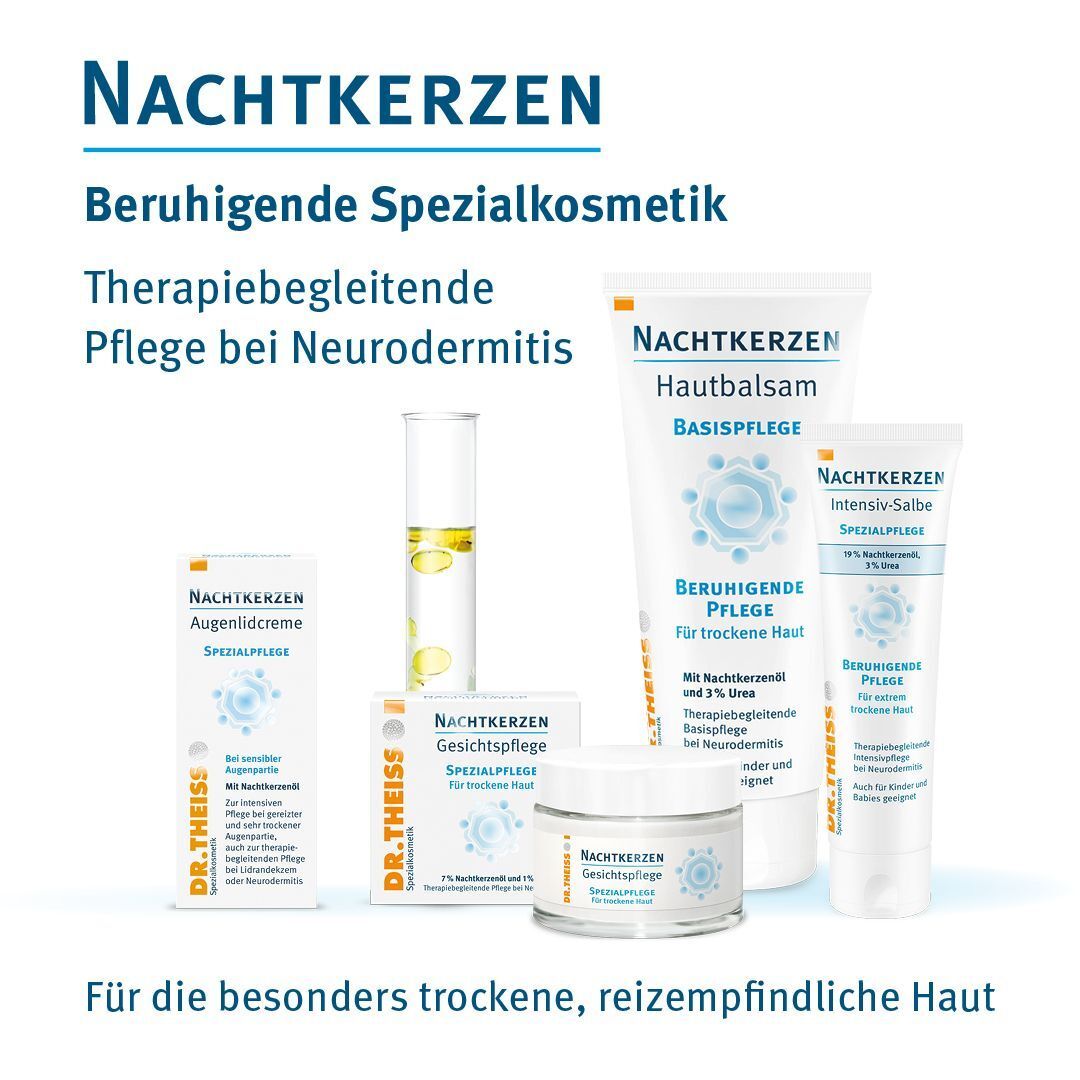 Verschiedene Produkte der Nachtkerzen-Serie. Darunter Augenlidcreme, Gesichtspflege und Hautbalsam.