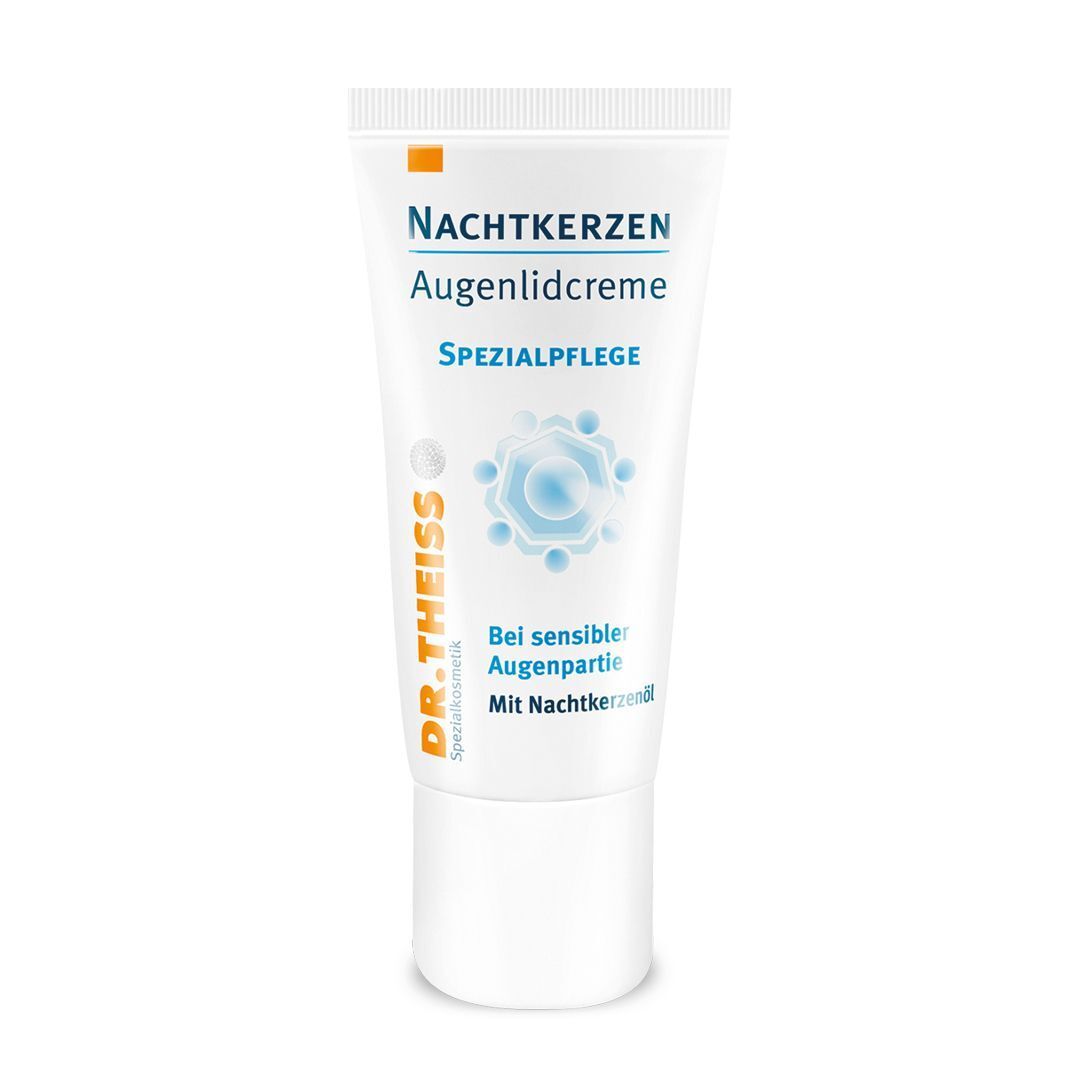 Tube Nachtkerzen Augenlidcreme. Text: Dr. Theiss, Spezialpflege. Bei sensibler Augenpartie.
