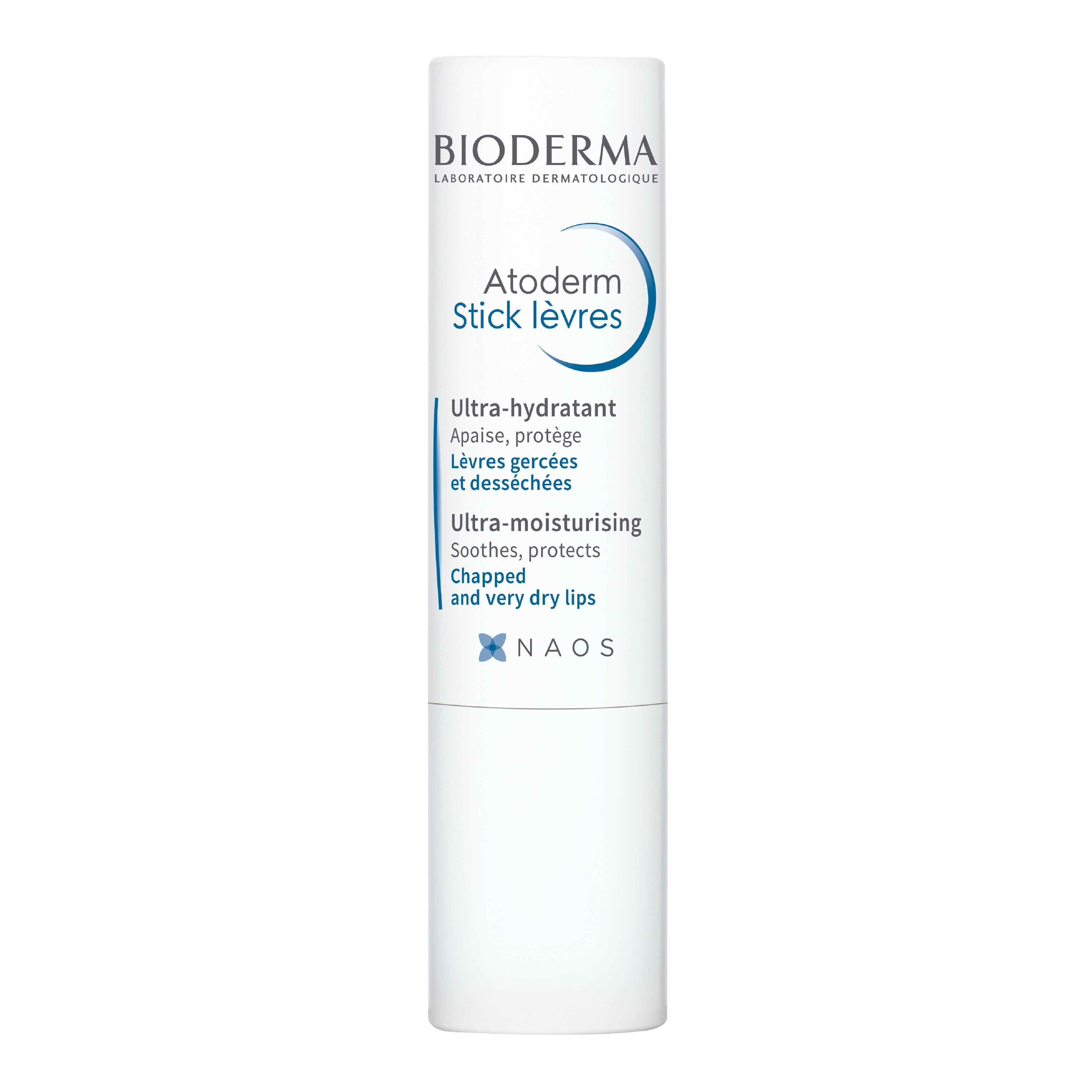 BIODERMA Atoderm Stick lèvres. Weißer Lippenpflegestift mit blauem Schriftzug. Text: Ultra-hydratant, Apaise, protège, Lèvres gercées et desséchées, Ultra-moisturising.
