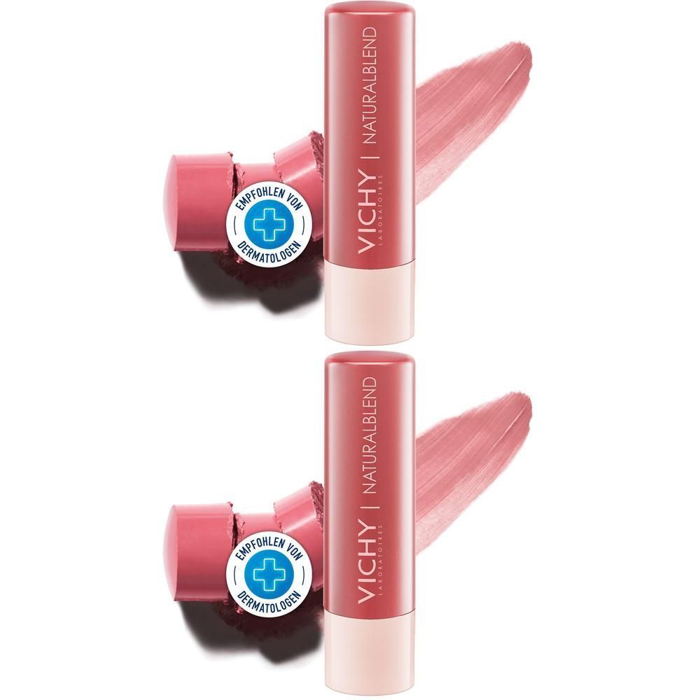 Zwei Lippenbalsam-Stifte mit rosa Farbton. Aufschrift: VICHY NATURALBLEND. Mit dermatologischer Empfehlung.