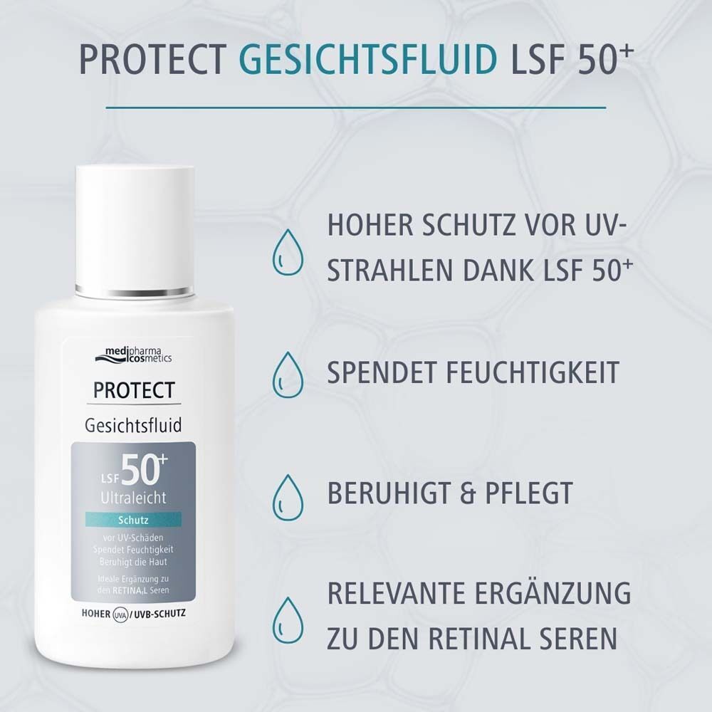 Flasche Protect Gesichtsfluid LSF 50+. Text: Hoher Schutz vor UV-Strahlen dank LSF 50+, spendet Feuchtigkeit, beruhigt & pflegt.