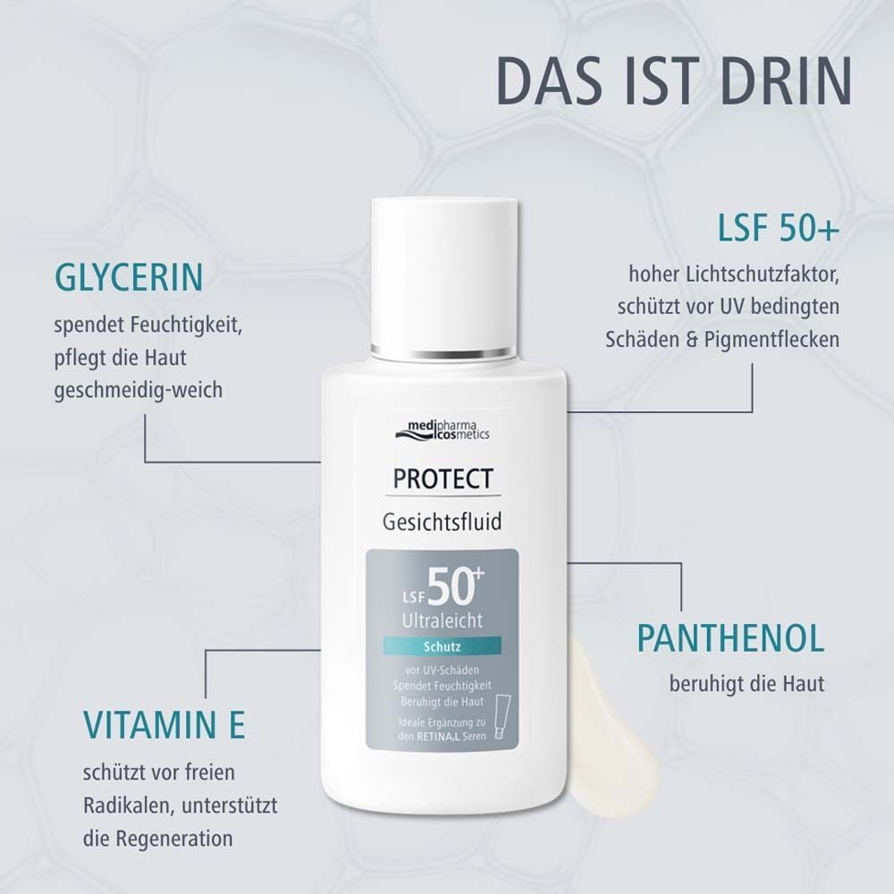 Flasche Protect Gesichtsfluid LSF 50+. Text: LSF 50+, Glycerin, Vitamin E, Panthenol. Inhaltsstoffe und Wirkung werden erläutert.