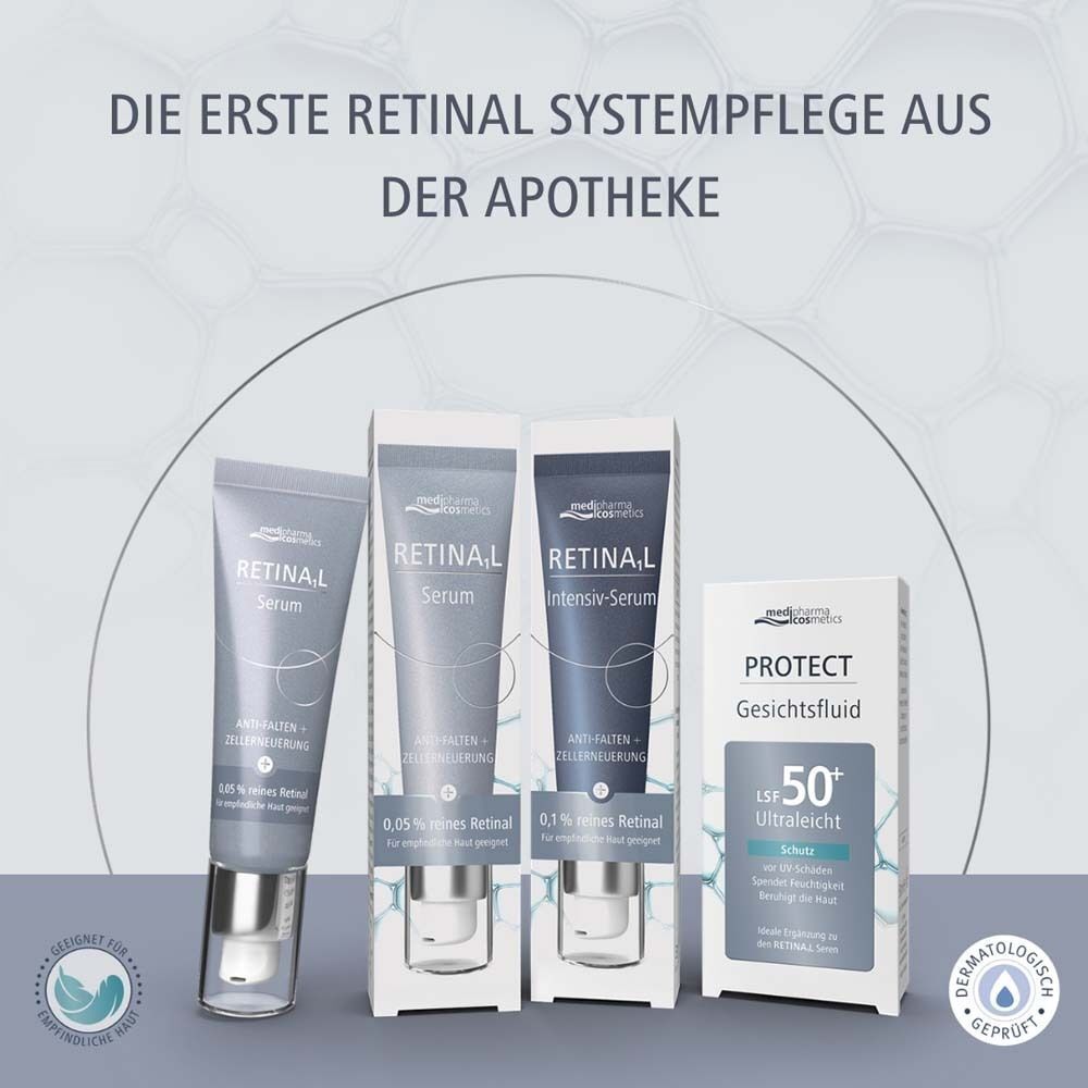Retina.L Serum, Intensiv Serum und Protect Gesichtsfluid LSF 50+ in Verpackungen. Text: Die erste Retinal Systempflege aus der Apotheke.