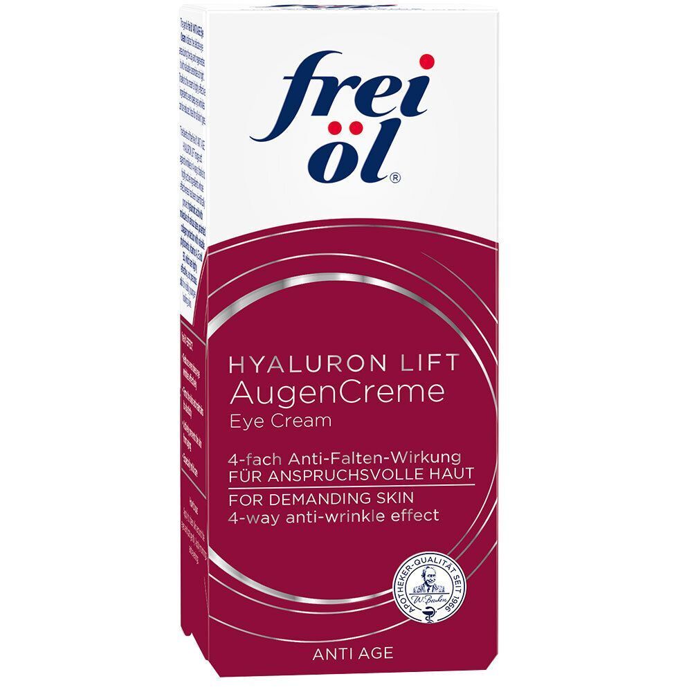 Verpackung der Augencreme. Weißer Karton mit rotem Band. Aufschrift: frei öl, Hyaluron Lift AugenCreme, Eye Cream, 4-fach Anti-Falten-Wirkung, Anti Age.