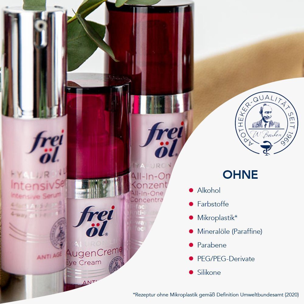 Verschiedene Produkte. Aufschrift: frei öl, Hyaluron IntensivSerum, All-in-One Konzentrat, AugenCreme, Anti Age. Text: Ohne Alkohol, Farbstoffe, Mikroplastik.