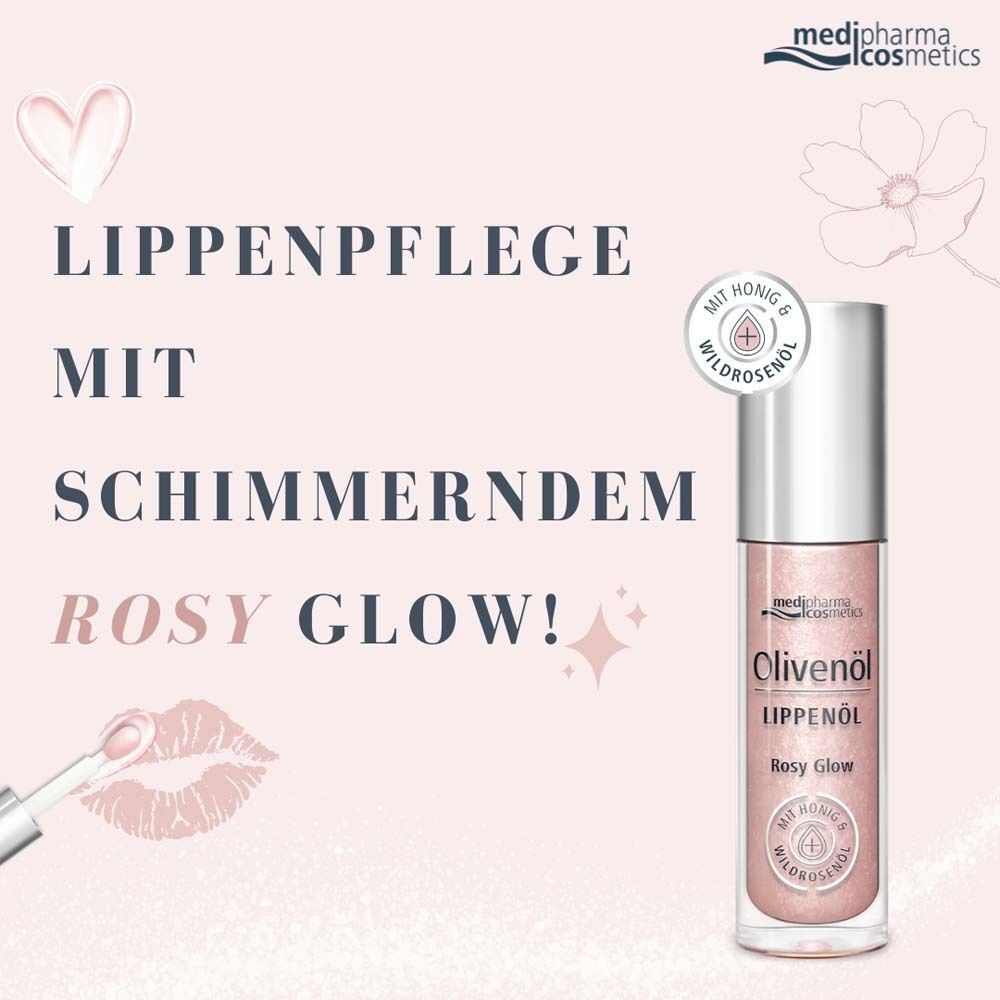 Lippenpflege mit schimmerndem Rosy Glow! Produktabbildung mit Applikator. Rosa Flüssigkeit in Glasflasche mit silbernem Deckel.