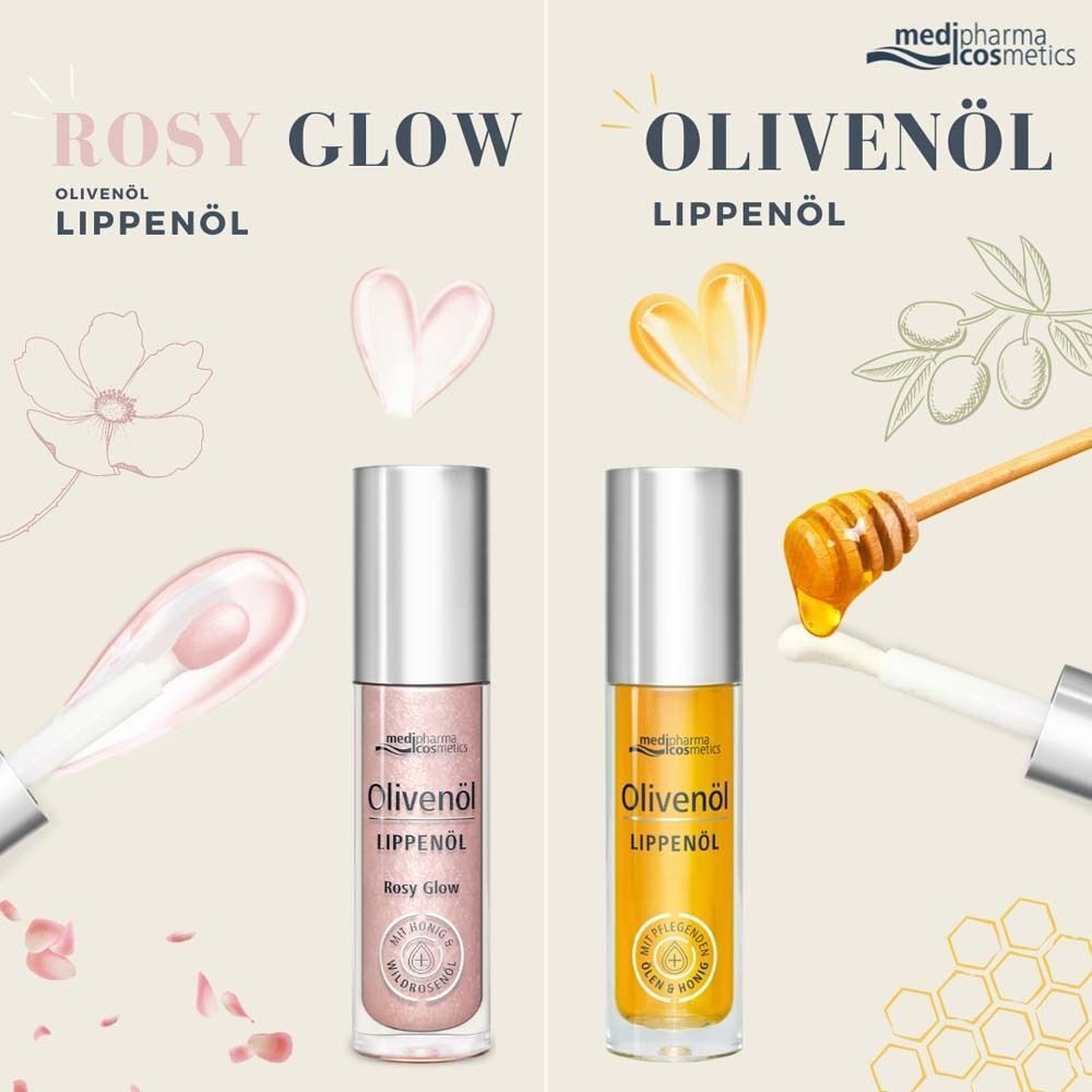 Zwei Lippenöl-Flakons. Rosy Glow: Rosa Flüssigkeit. Olivenöl: Gelbe Flüssigkeit. Glasflaschen mit silbernen Deckeln.