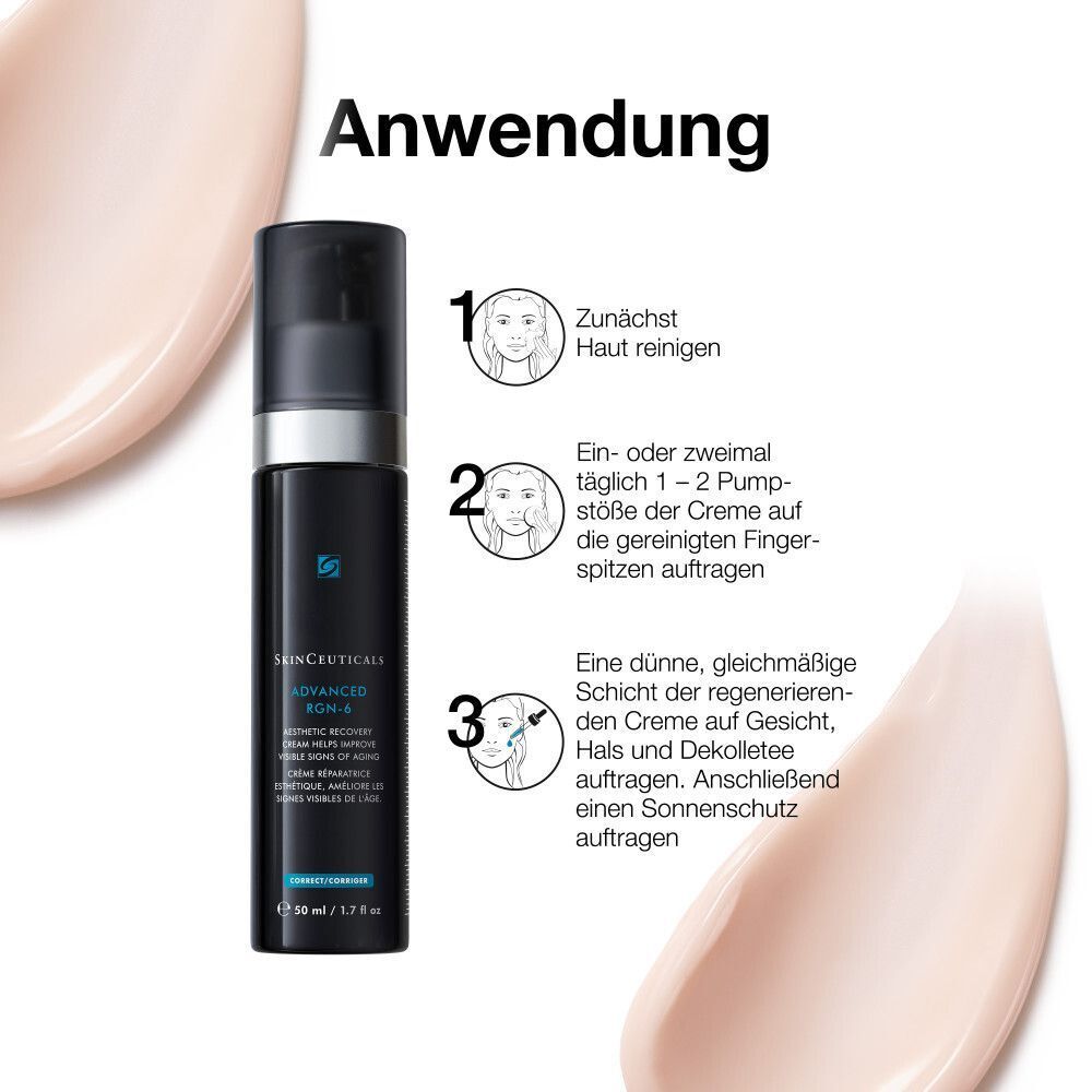 Anwendungsschritte. Schwarze Flasche mit Pumpverschluss. Text: Advanced RGN-6, 50 ml.