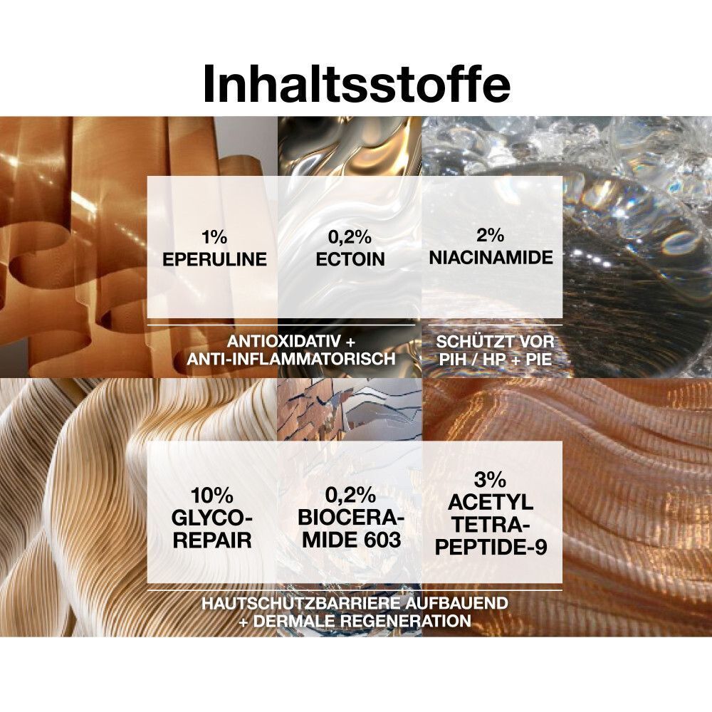Inhaltsstoffe. Text: 1% Eperuline, 0,2% Ectoin, 2% Niacinamid, 10% Glyco-Repair, 0,2% Bioceramide 603, 3% Acetyl Tetrapeptide-9.