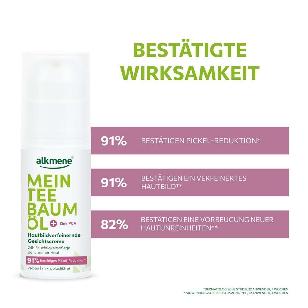 Weiße Flasche ALKMENE Mein Teebaumöl Gesichtscreme. Text: 91% bestätigen Pickelreduktion. Rosa Balken mit Text.