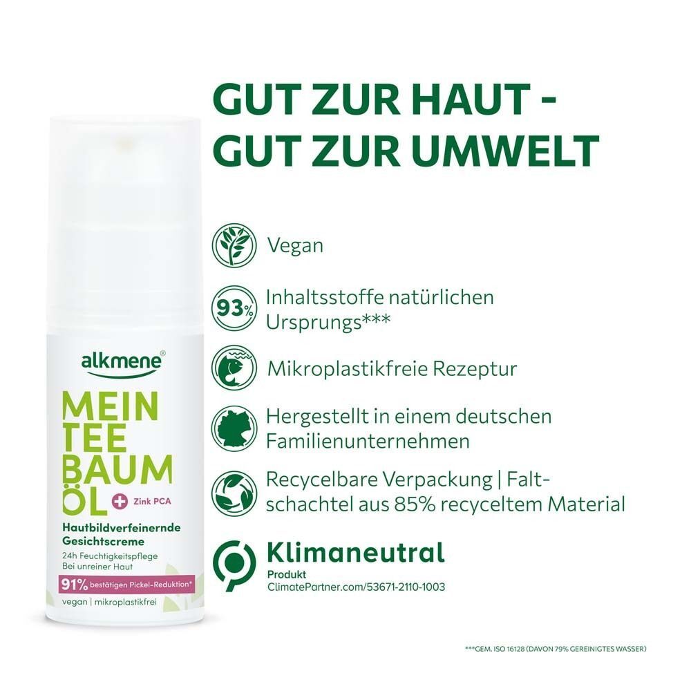 Weiße Flasche ALKMENE Mein Teebaumöl Gesichtscreme. Text: Vegan, 93% Inhaltsstoffe natürlichen Ursprungs. Umweltzeichen.