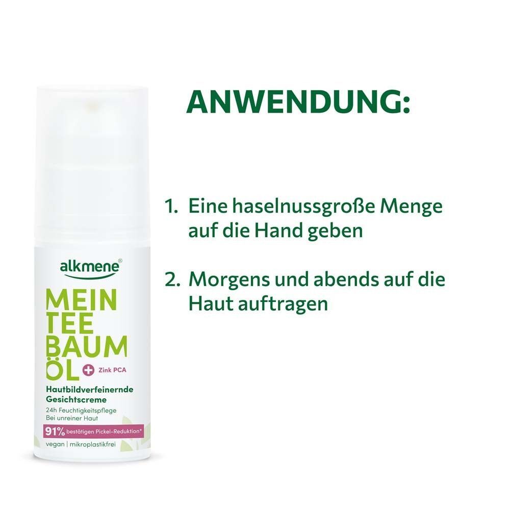 Weiße Flasche ALKMENE Mein Teebaumöl Gesichtscreme. Anwendung: Haselnussgroße Menge auftragen. Morgens und abends.