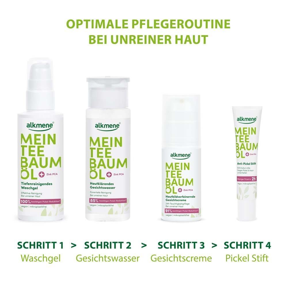 Vier Produkte ALKMENE Mein Teebaumöl. Waschgel, Gesichtswasser, Gesichtscreme, Pickel Stift. Text und Logos.