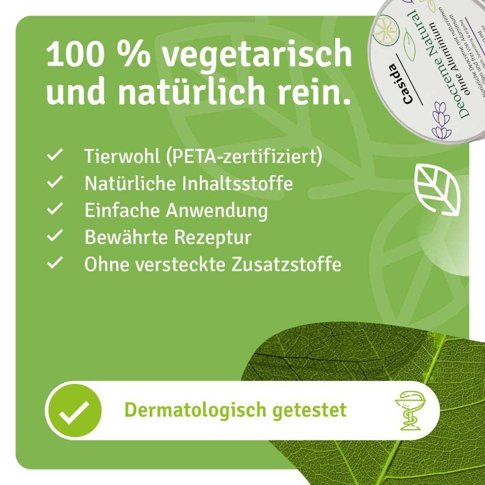 Dose Deocreme Natural ohne Aluminium. Text: Tierwohl (PETA-zertifiziert), Natürliche Inhaltsstoffe, Einfache Anwendung, Bewährte Rezeptur.