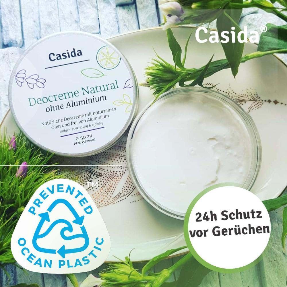 Dose Deocreme Natural ohne Aluminium. Text: 24h Schutz vor Gerüchen. Logo: Prevented Ocean Plastic.