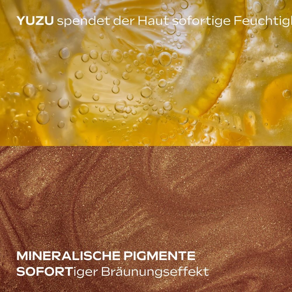 Oben: Yuzu-Zitronen. Unten: Mineralische Pigmente. Text: Sofortiger Bräunungseffekt.