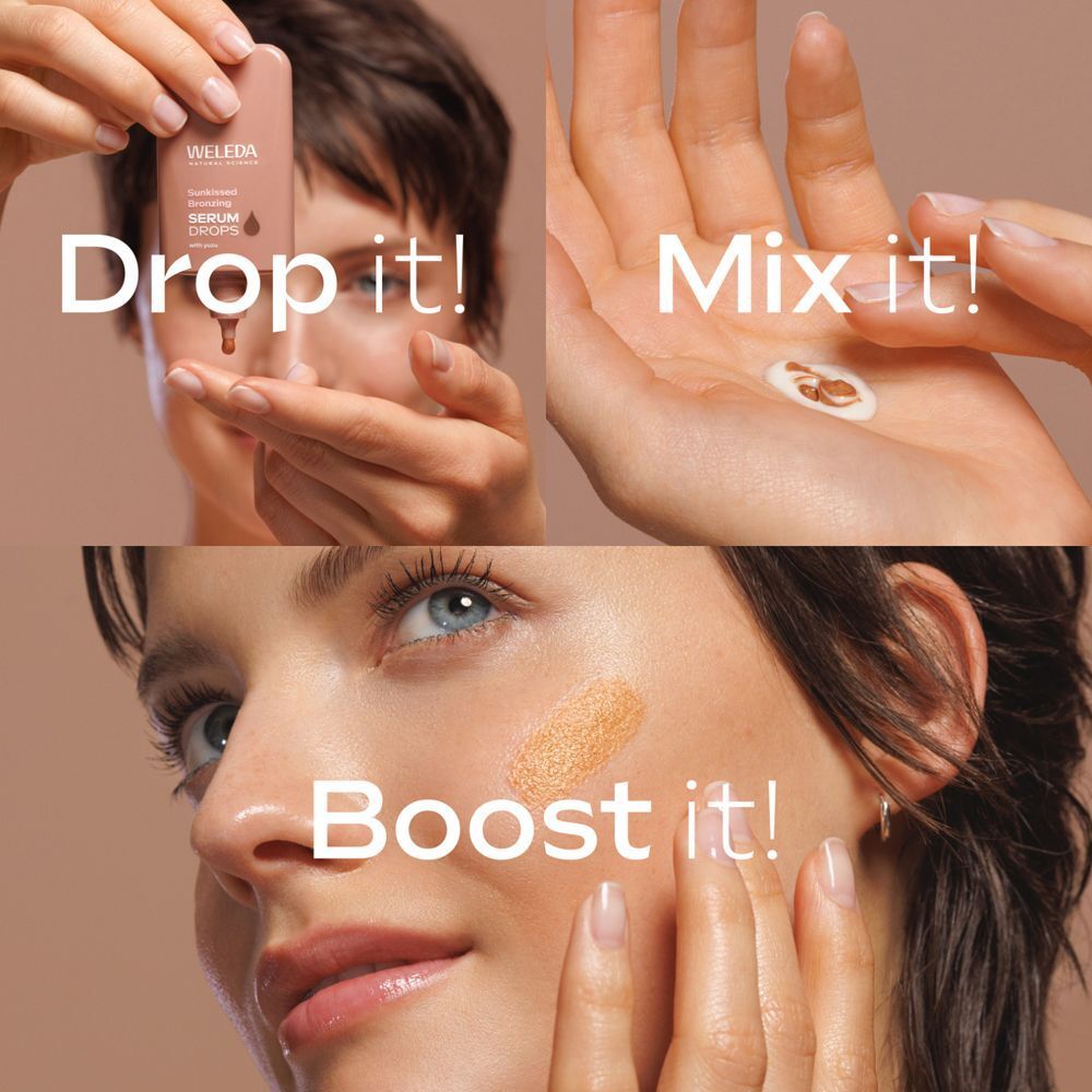 Drei Bilder: Tropfen, Mischen, Auftragen. Text: Drop it!, Mix it!, Boost it!