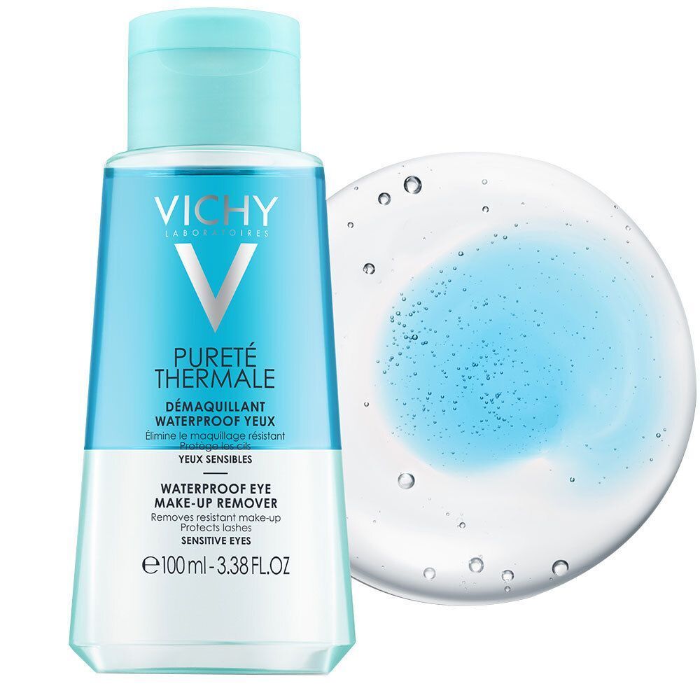 Eine Flasche VICHY PURETE Thermale Augen Make-up Ent.wasserf. mit blauer Flüssigkeit. Aufschrift: Waterproof Make-up Remover.