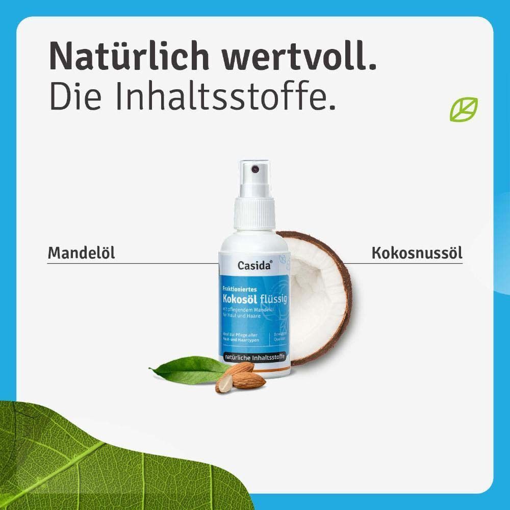 Eine weiße Sprühflasche mit blauem Etikett, Kokosnuss und Mandel. Aufschrift: Kokosöl flüssig, Casida.