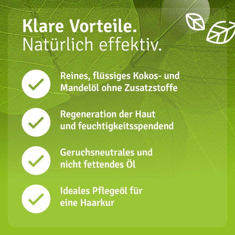 Text mit grünen Häkchen: Reines Kokos- und Mandelöl, Regeneration der Haut, geruchsneutrales Öl. Pflegeöl.