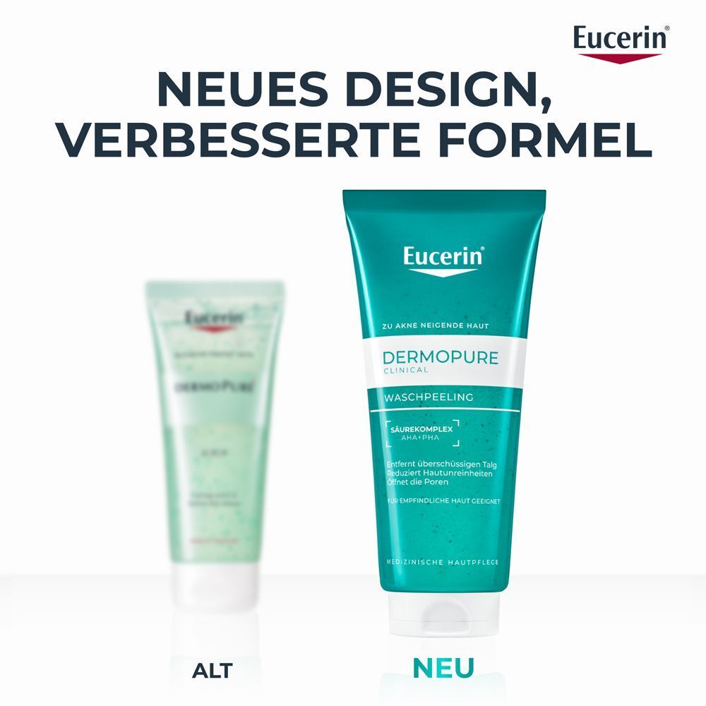 Vergleich von altem und neuem Design des Eucerin DermoPure Clinical Waschpeeling. Türkise Tube mit weißem Text.