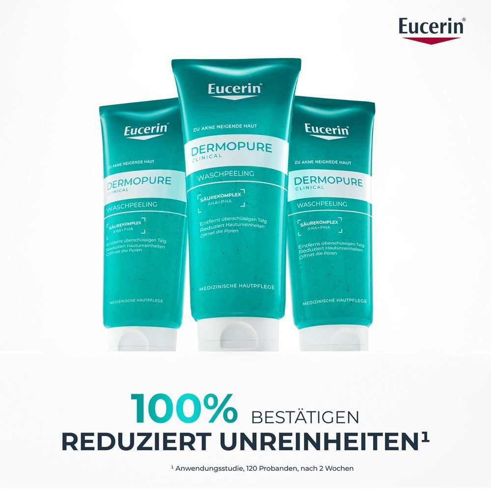 Drei Tuben Eucerin DermoPure Clinical Waschpeeling. Türkise Verpackung. Text: Waschpeeling, AHA+PHA. 100% bestätigen reduziert Unreinheiten.