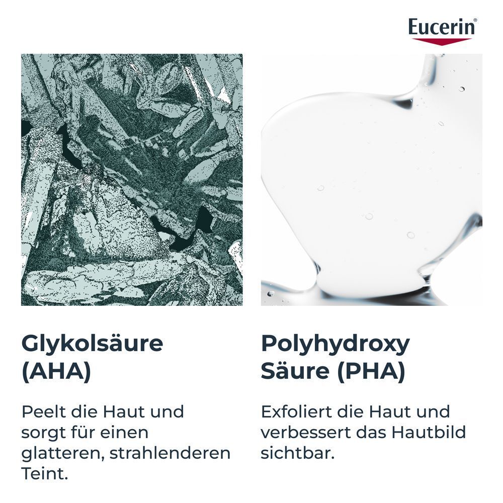 Nahaufnahme von Glykolsäure (AHA) und Polyhydroxysäure (PHA). Text: Peelt die Haut, verbessert das Hautbild sichtbar.
