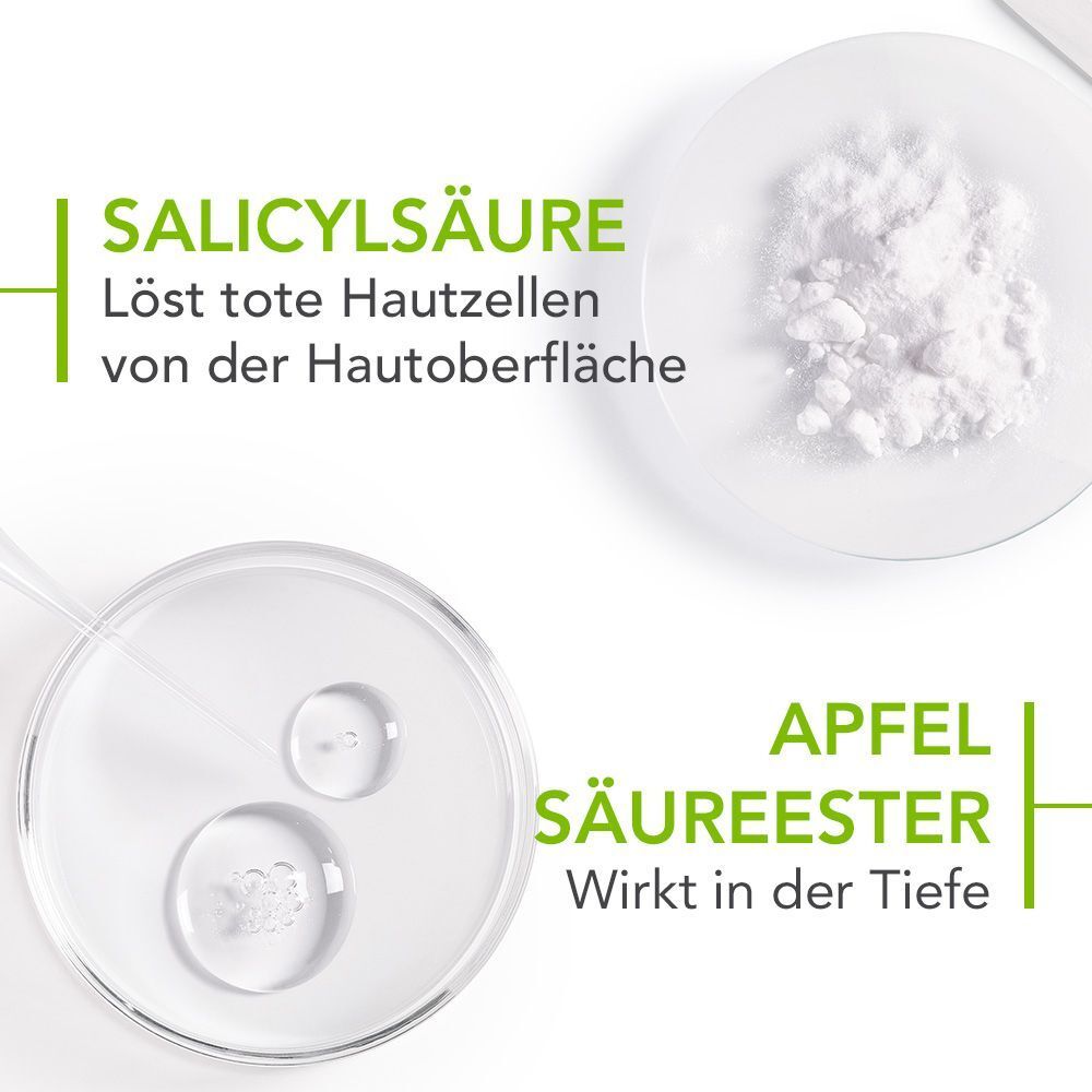 Nahaufnahme von Salicylsäure und Apfelsäureester. Zwei Schalen mit Inhaltsstoffen.