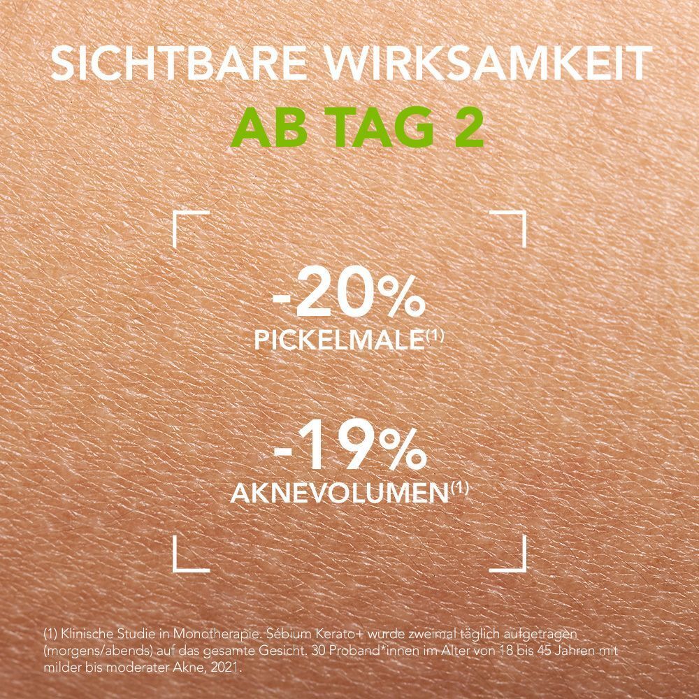 Haut mit Text: Sichtbare Wirksamkeit ab Tag 2. -20% Pickelmale, -19% Aknevolumen.