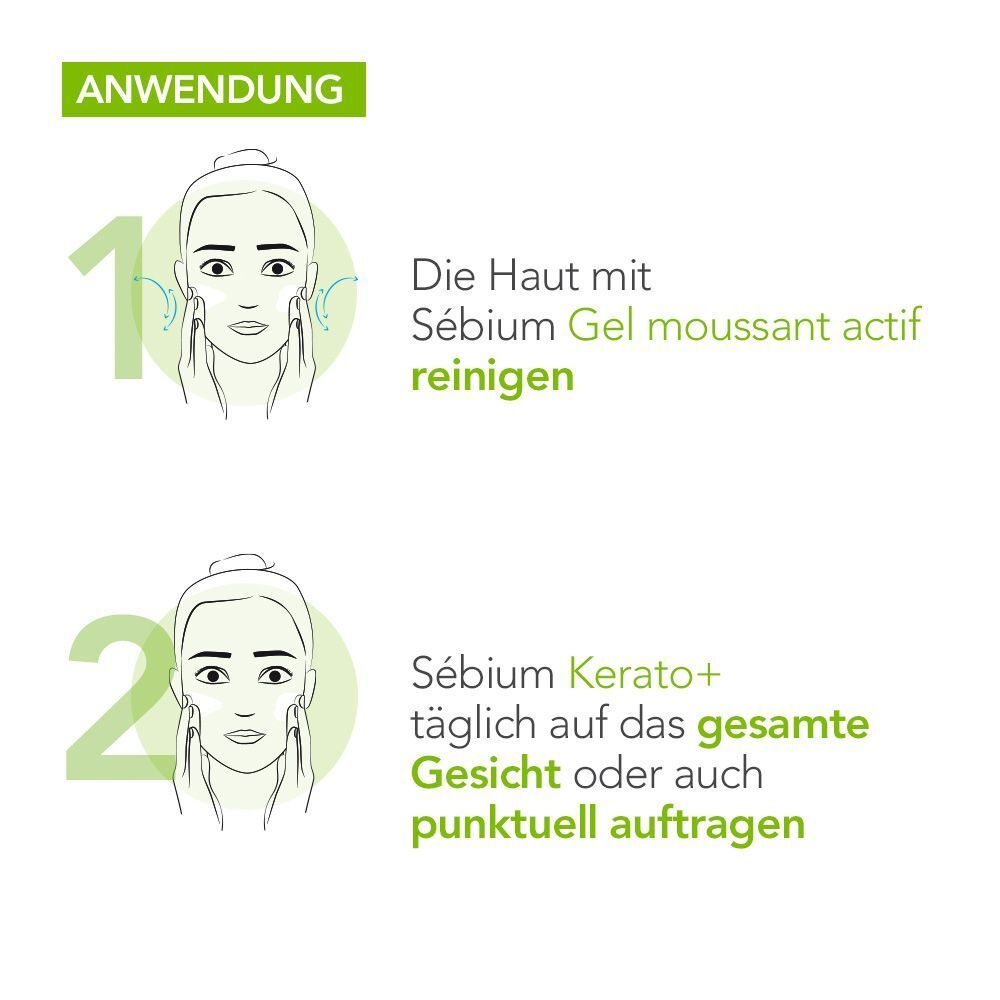 Anwendung: 1. Haut reinigen mit Sebium Gel moussant actif. 2. Sebium Kerato+ auftragen.