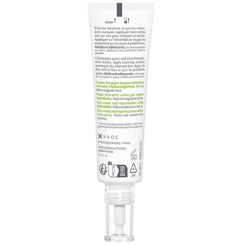Rückseite der Tube. Text: Eliminiert Pickel und Mitesser. Creme-Gel gegen Hautunreinheiten.