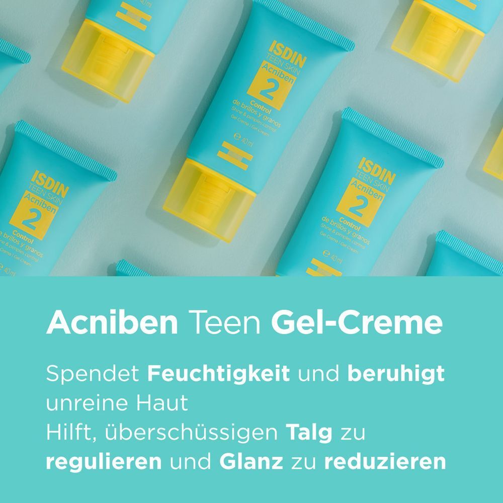 Mehrere Tuben ISDIN Acniben Gel-Creme, auf blauem Hintergrund. Text: Acniben Teen Gel-Creme, spendet Feuchtigkeit und beruhigt.