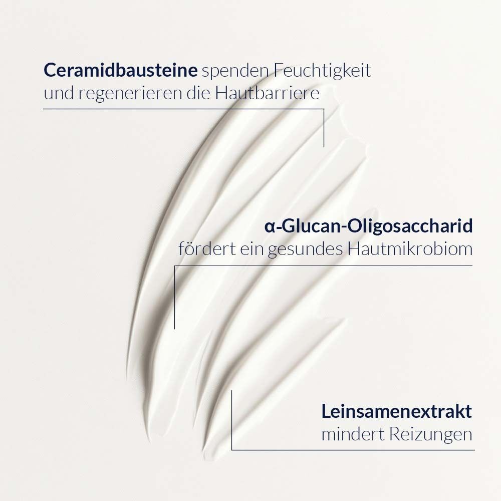 Nahaufnahme von Creme-Strichen. Text: Ceramidbausteine spenden Feuchtigkeit, α-Glucan-Oligosaccharid, Leinsamenextrakt.