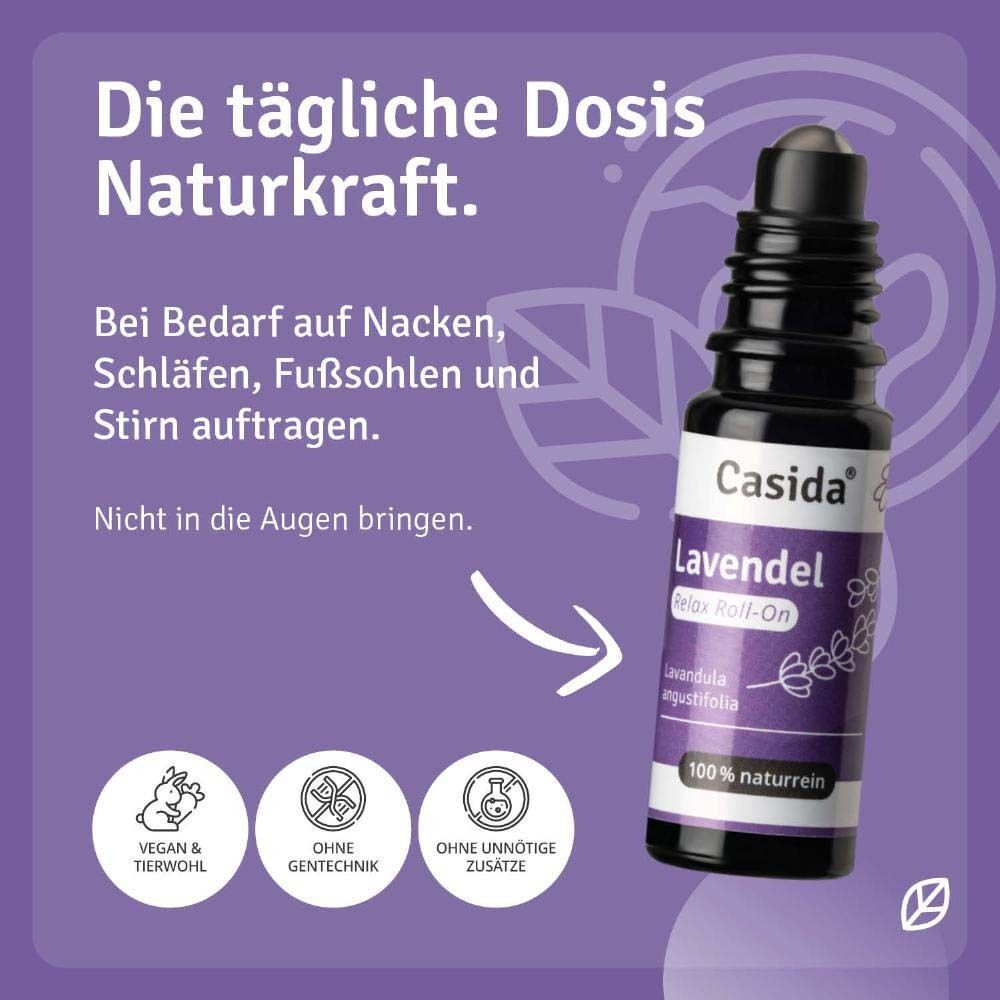 Roll-On-Flasche mit lila Etikett. Aufschrift: Casida Lavendel Relax Roll-On. Vegan & tierwohl, ohne Gentechnik, ohne Zusätze.