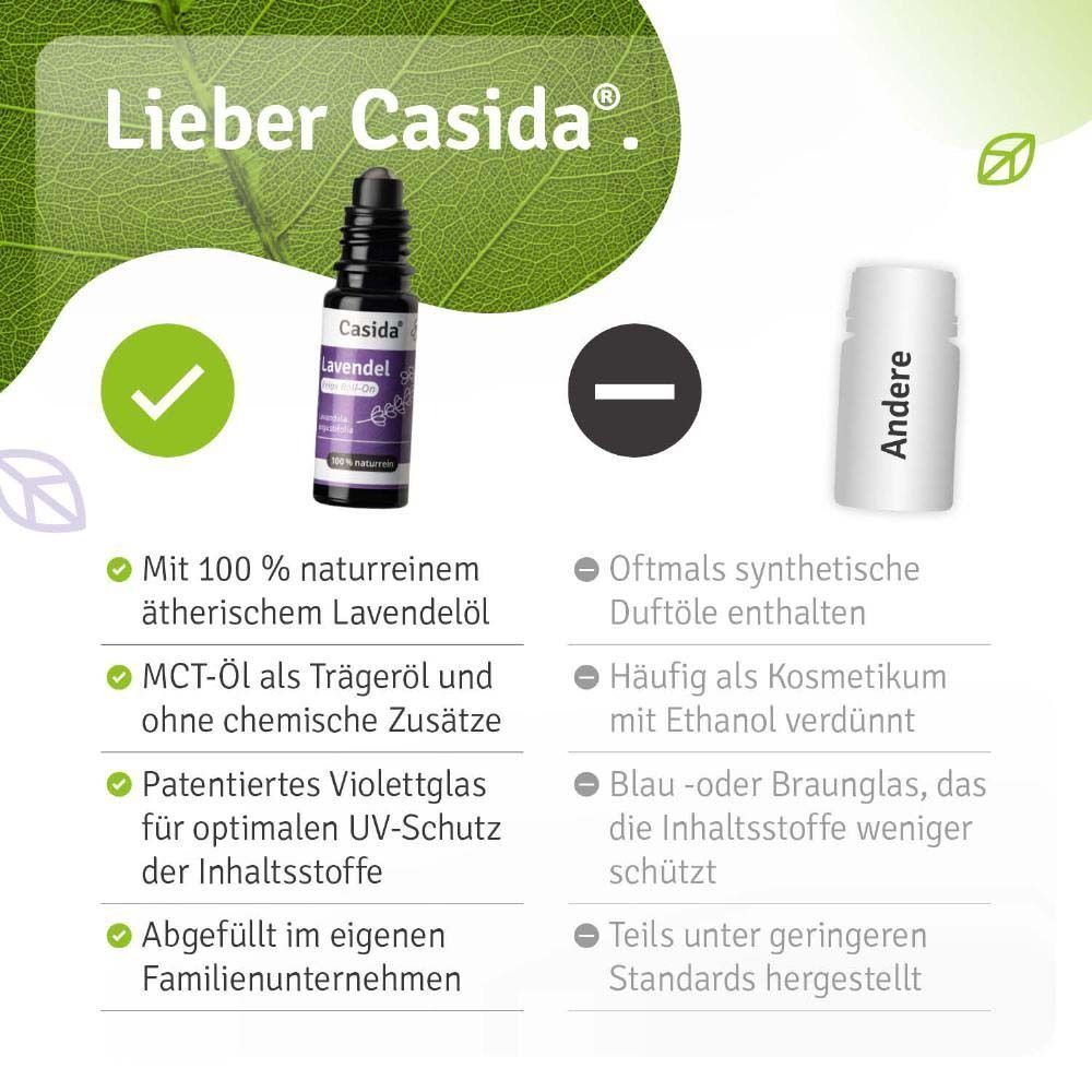 Roll-On-Flasche mit Text: Casida Lavendel. Vorteile: 100% naturreines ätherisches Lavendelöl, MCT-Öl, violette Glasflasche.