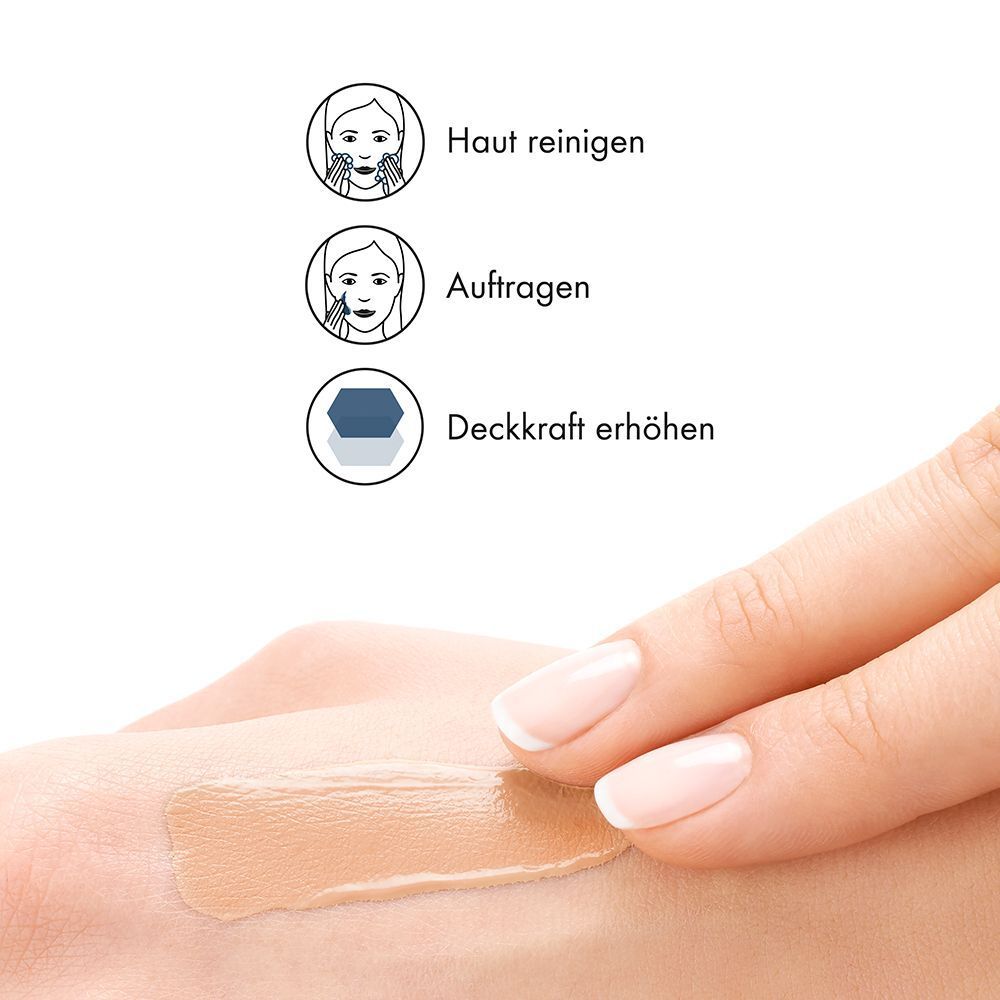 Hand mit Make-up-Abstrich. Schritte: Haut reinigen, Auftragen, Deckkraft erhöhen.