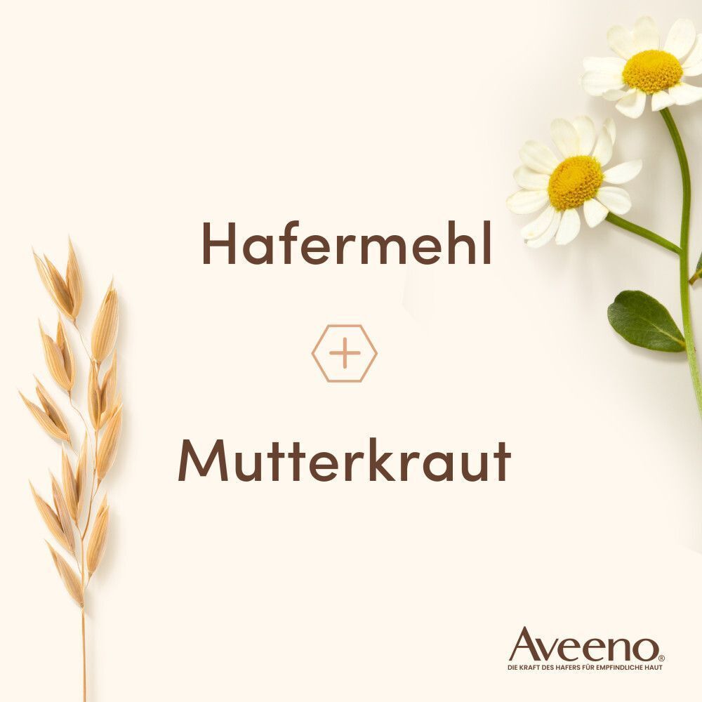 Grafik mit Hafer und Mutterkraut. Text: Hafermehl + Mutterkraut. Aveeno Logo.