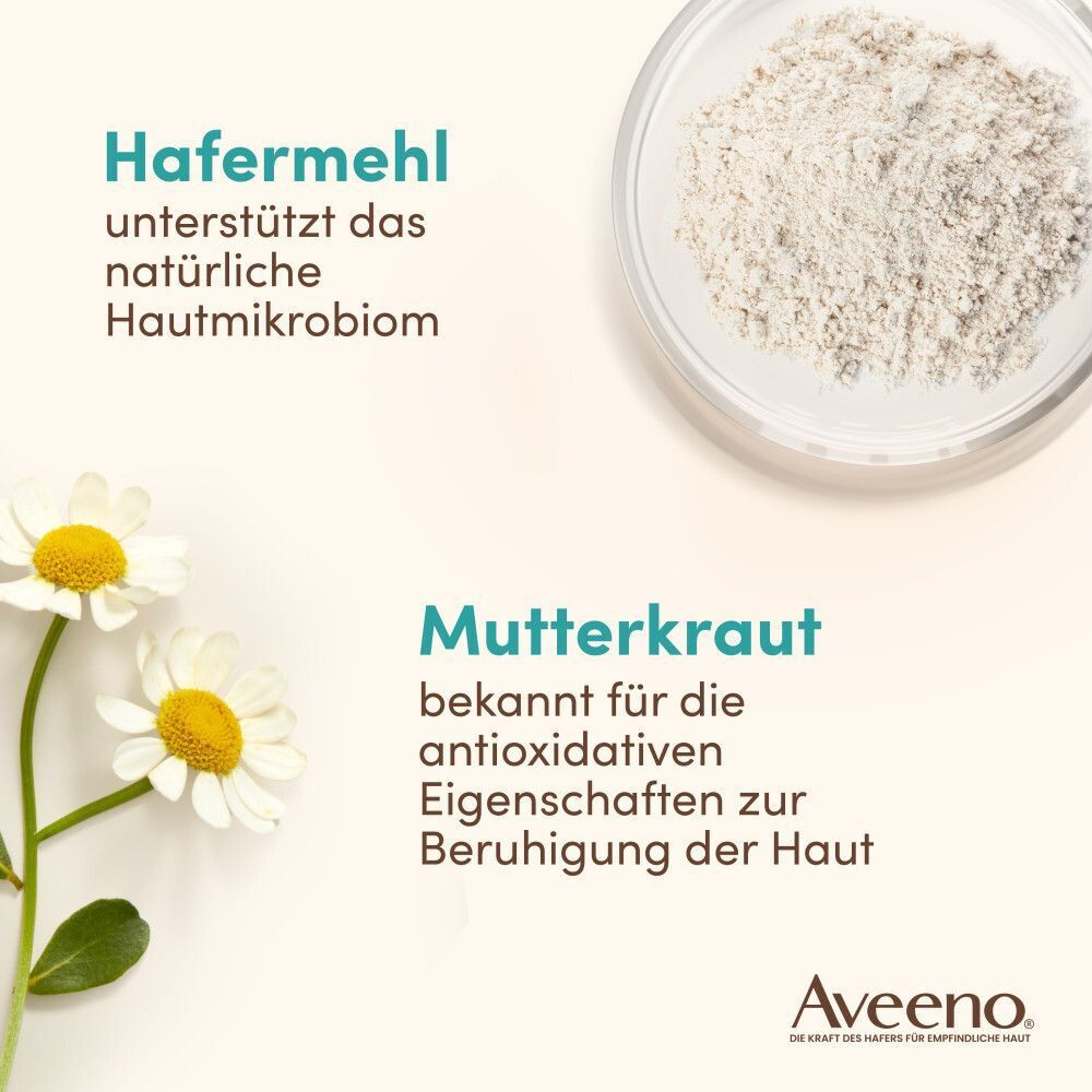 Grafik mit Hafermehl und Mutterkraut. Text: Hafermehl unterstützt das natürliche Hautmikrobiom. Mutterkraut beruhigt die Haut. Aveeno Logo.