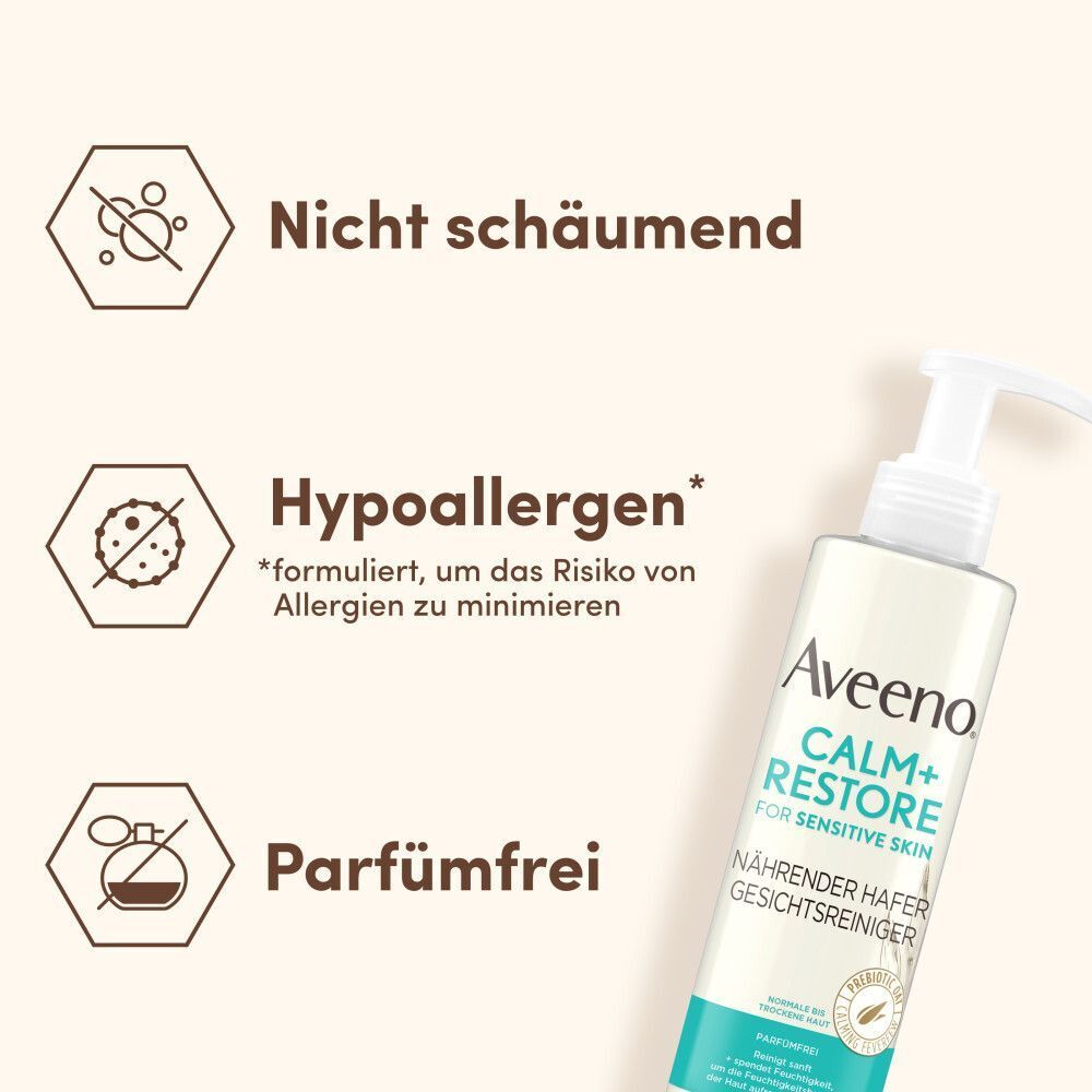 Produktabbildung von AVEENO Calm+ Restore Gesichtsreiniger. Text: Nicht schäumend, hypoallergen, parfümfrei. Aveeno Logo.