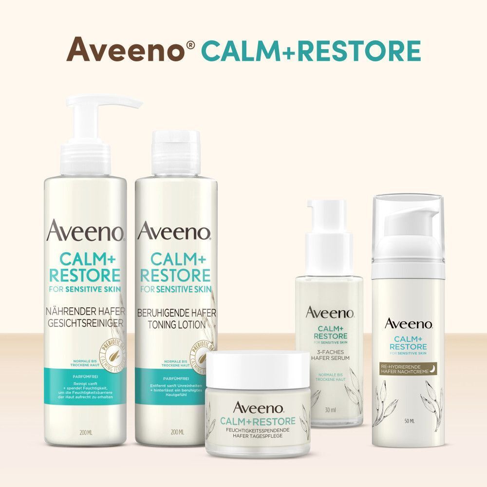 Produktreihe von AVEENO Calm+ Restore. Produkte: Gesichtsreiniger, beruhigende Toning Lotion, Feuchtigkeitspflege, 2-faches Hafer Serum, Feuchtigkeitspflege.