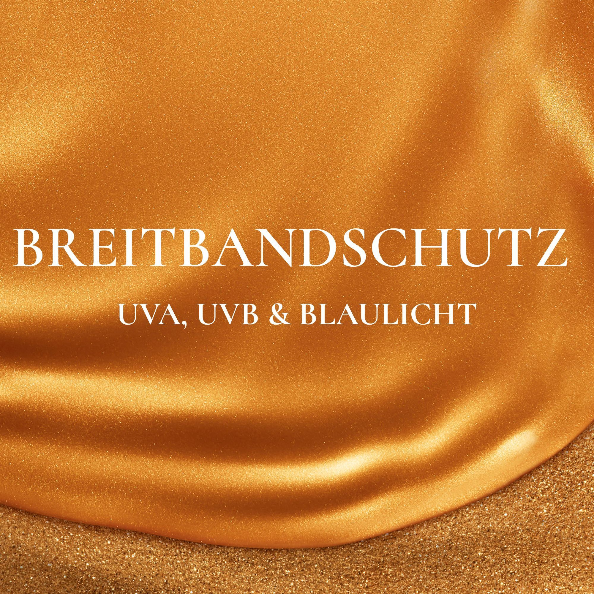 Goldfarbener Hintergrund mit Text: BREITBANDSCHUTZ UVA, UVB & BLAULICHT.