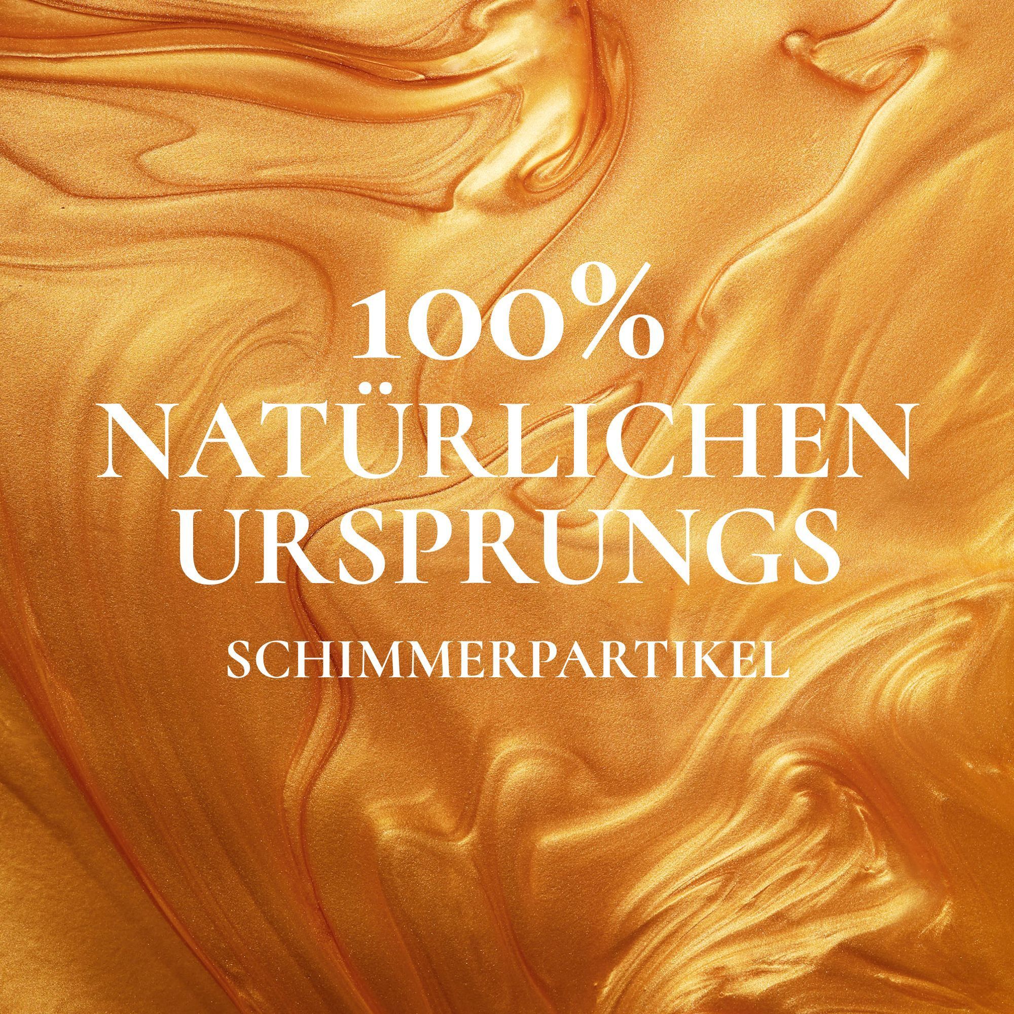 Goldfarbener Hintergrund mit Text: 100% NATÜRLICHEN URSPRUNGS, SCHIMMERPARTIKEL.
