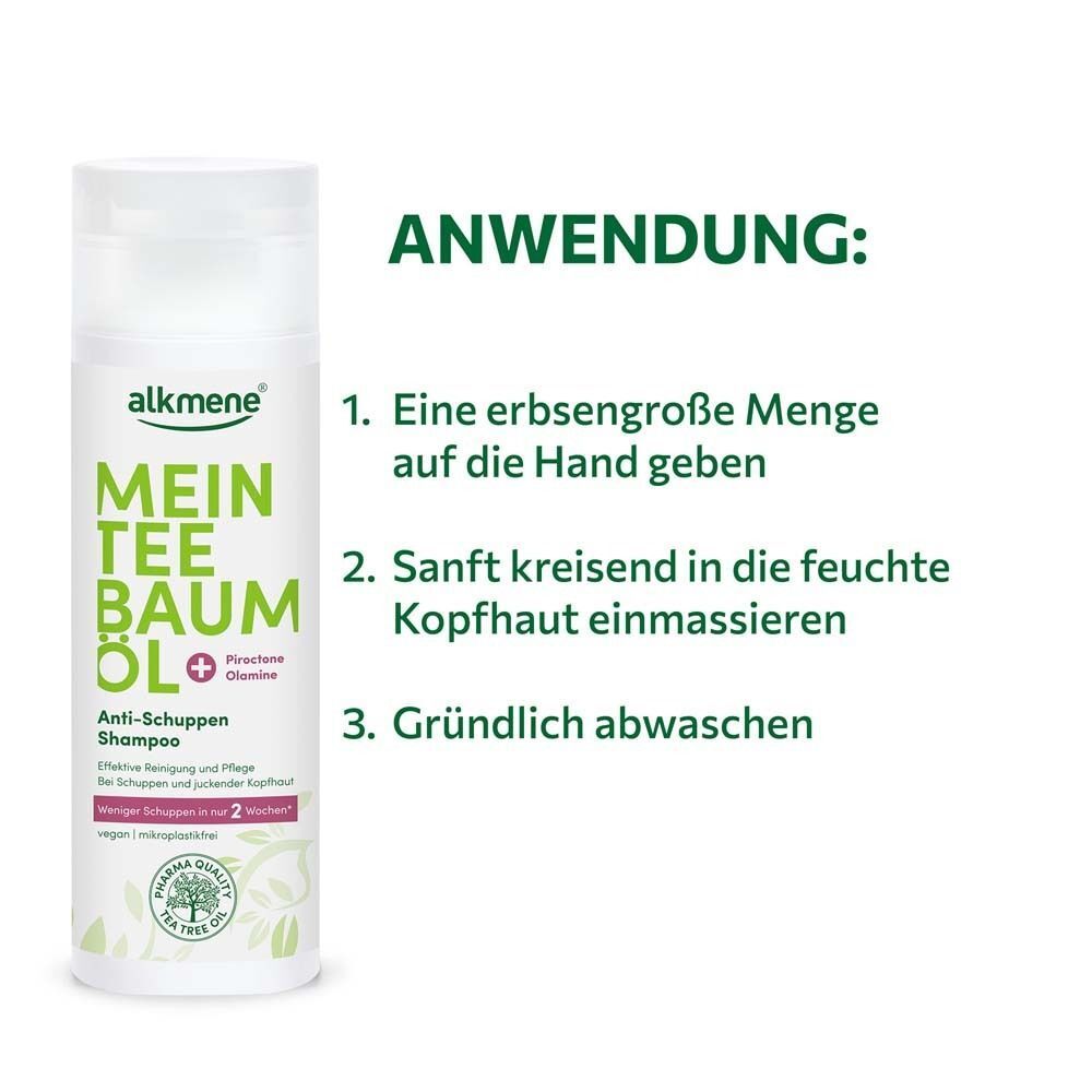 Eine Flasche Anti-Schuppen Shampoo. Text: Anwendung: 1. Erbsengroße Menge auf die Hand geben. 2. Sanft kreisend einmassieren. 3. Gründlich abwaschen.