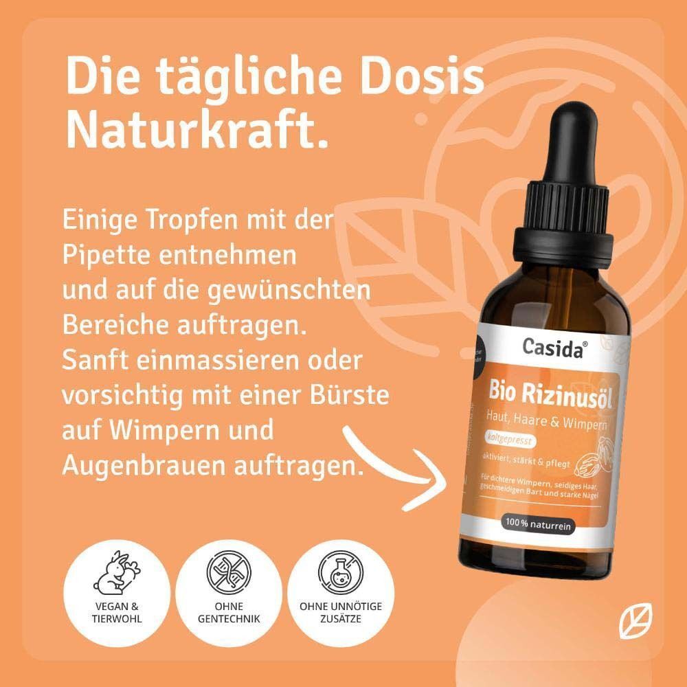 Braune Glasflasche mit Pipette. Aufkleber mit Text: Bio Rizinusöl, Haut, Haare & Wimpern. Marke: Casida. Text: Die tägliche Dosis Naturkraft.