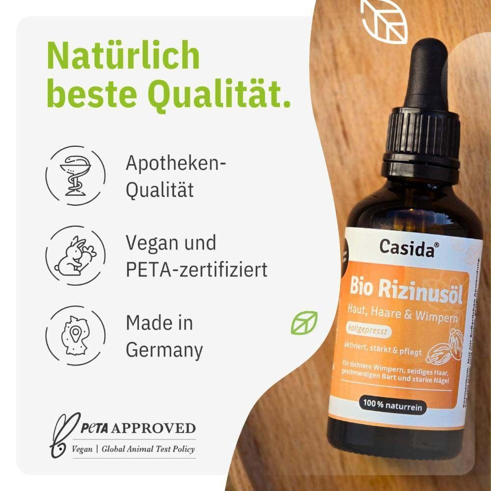 Braune Glasflasche mit Pipette. Aufkleber mit Text: Bio Rizinusöl, Haut, Haare & Wimpern. Marke: Casida. Text: Natürlich beste Qualität.